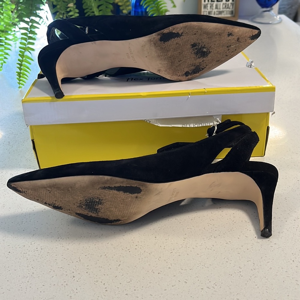 In good condition - used black faux suede Nine West heeled shoes, size 11. - Picture 6 of 7